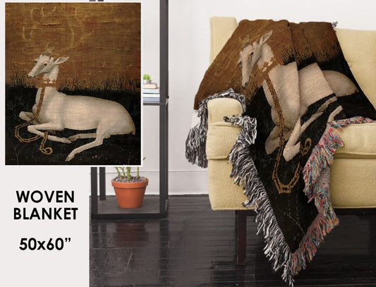 Woven Cotton Blanket - White Hart Stag Medieval Throw