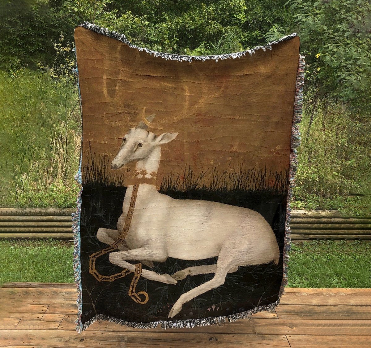 Woven Cotton Blanket - White Hart Stag Medieval Throw