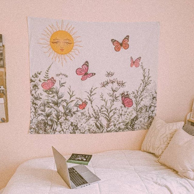 Vintage Sun And Butterfly Tapestry Wall Hanging Butterfly Art by DesignBohemian