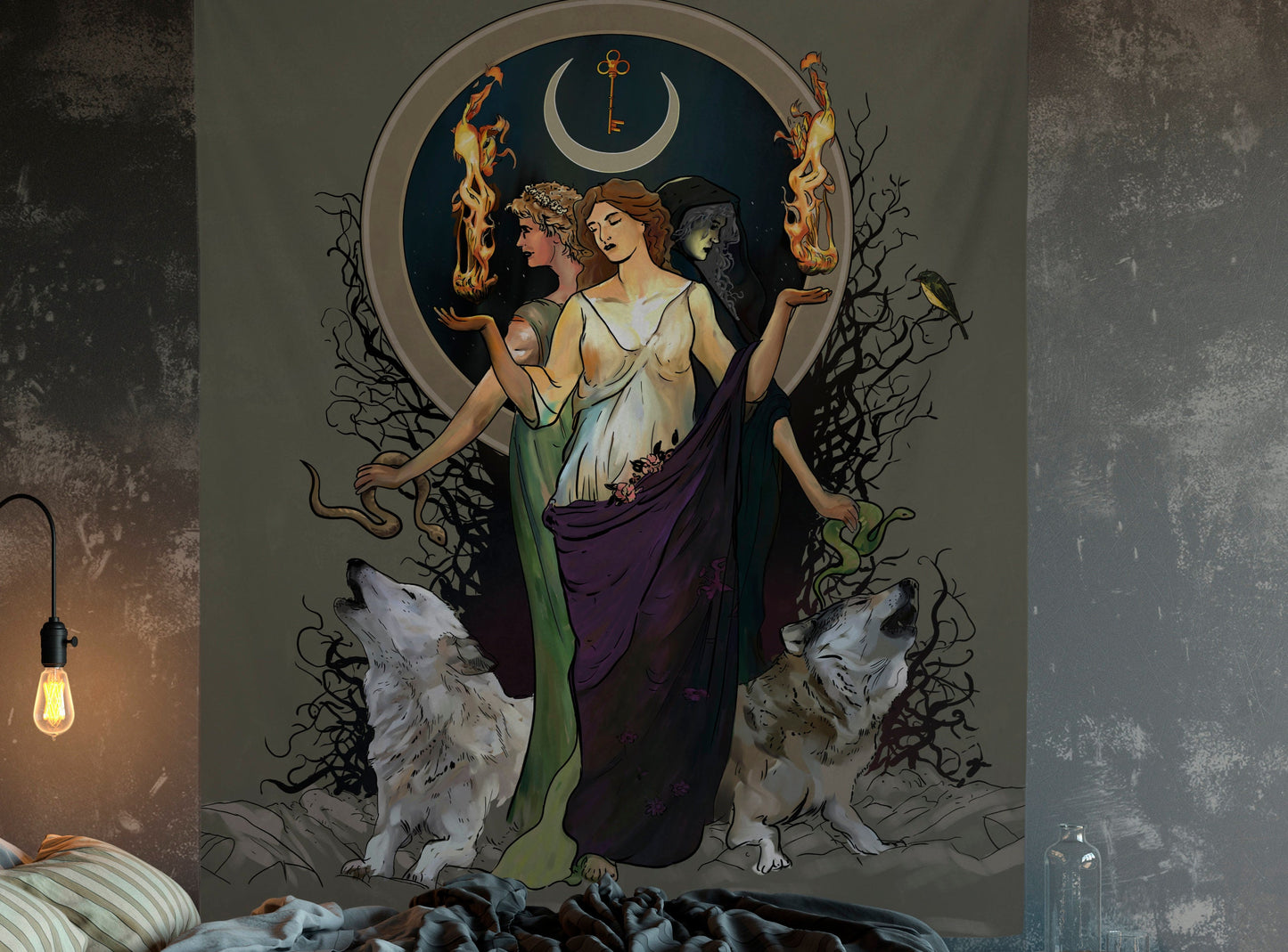 Hecate Tapestry: Moon Goddess Art with Key & Songbird by DesignBohemian