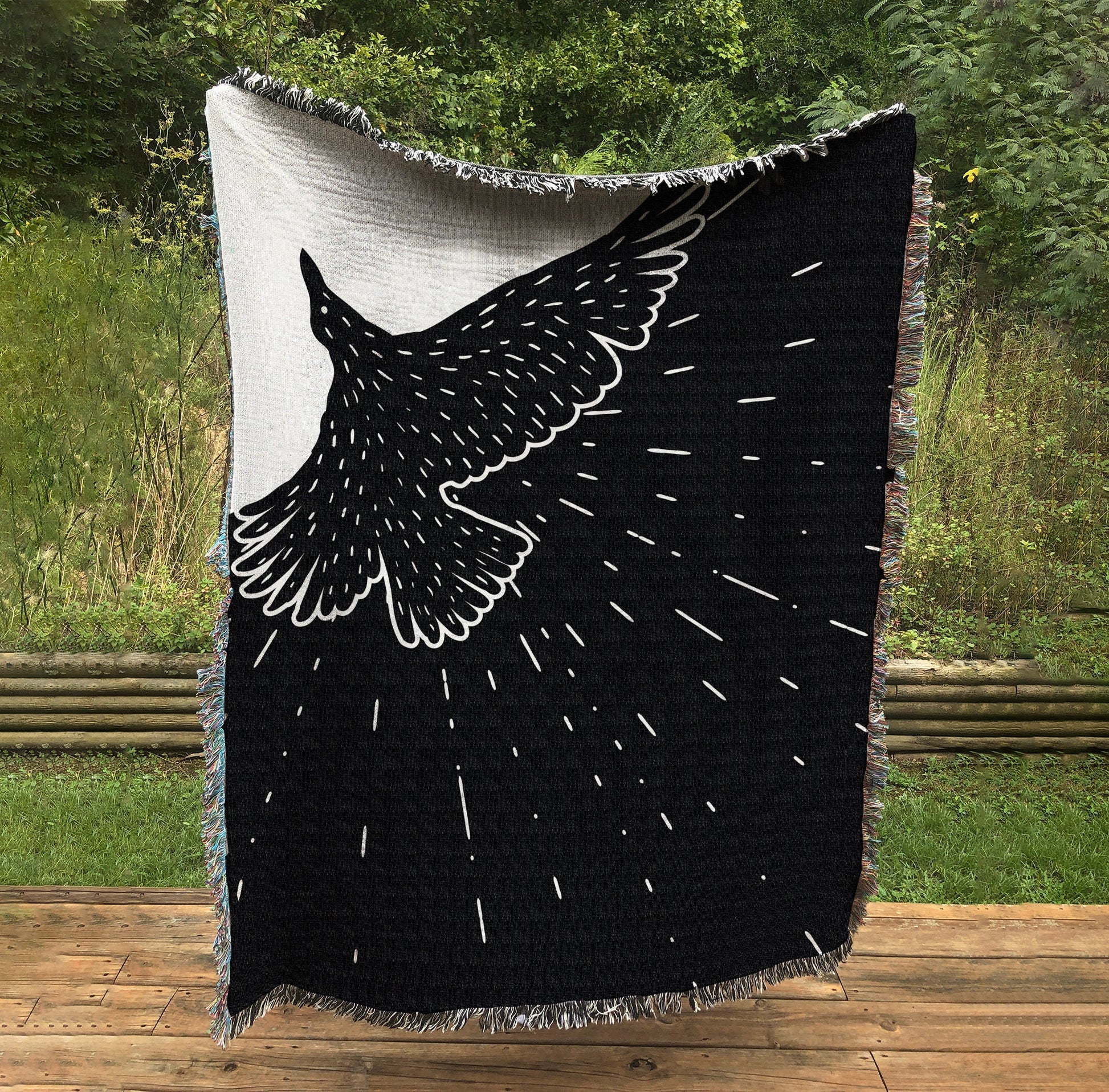 Woven Raven Blanket: Black & White Cotton Tapestry - USA Made by DesignBohemian