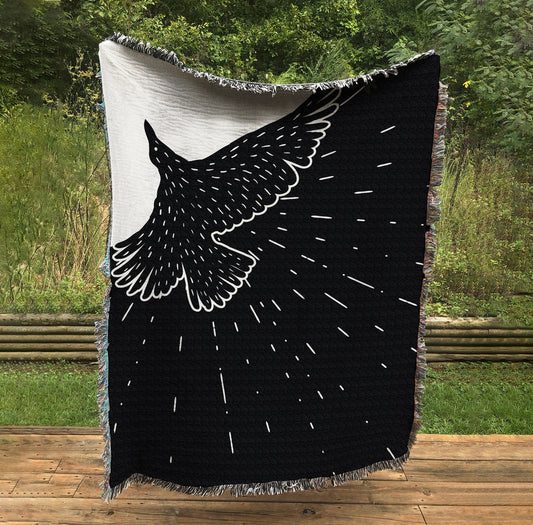 Woven Raven Blanket: Black & White Cotton Tapestry - USA Made by DesignBohemian