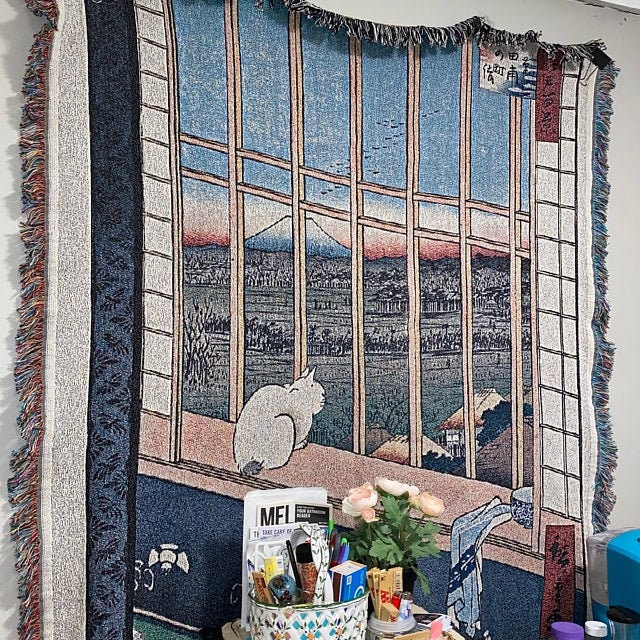 Woven Cat Tapestry: Vintage Japanese Art Throw Blanket by DesignBohemian
