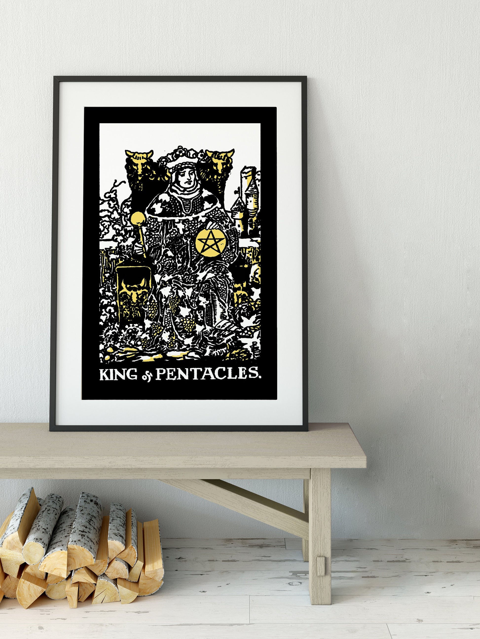 King of Pentacles- Tarot Card Print - The King of Pentacles Black white and Yellow Card Poster, No Frame
