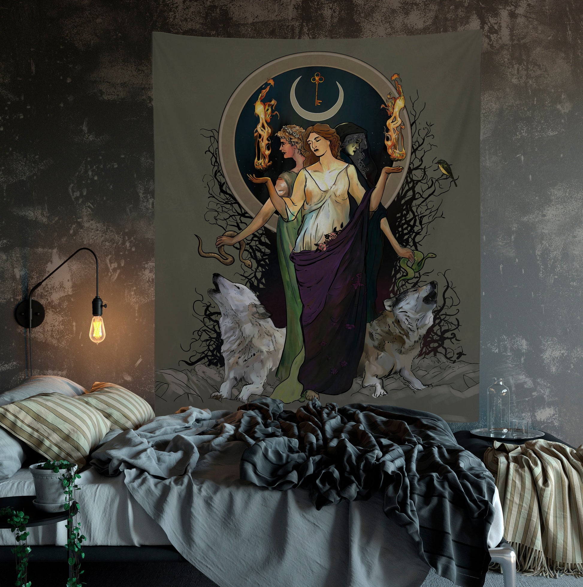 Hecate Tapestry: Moon Goddess Art with Key & Songbird by DesignBohemian