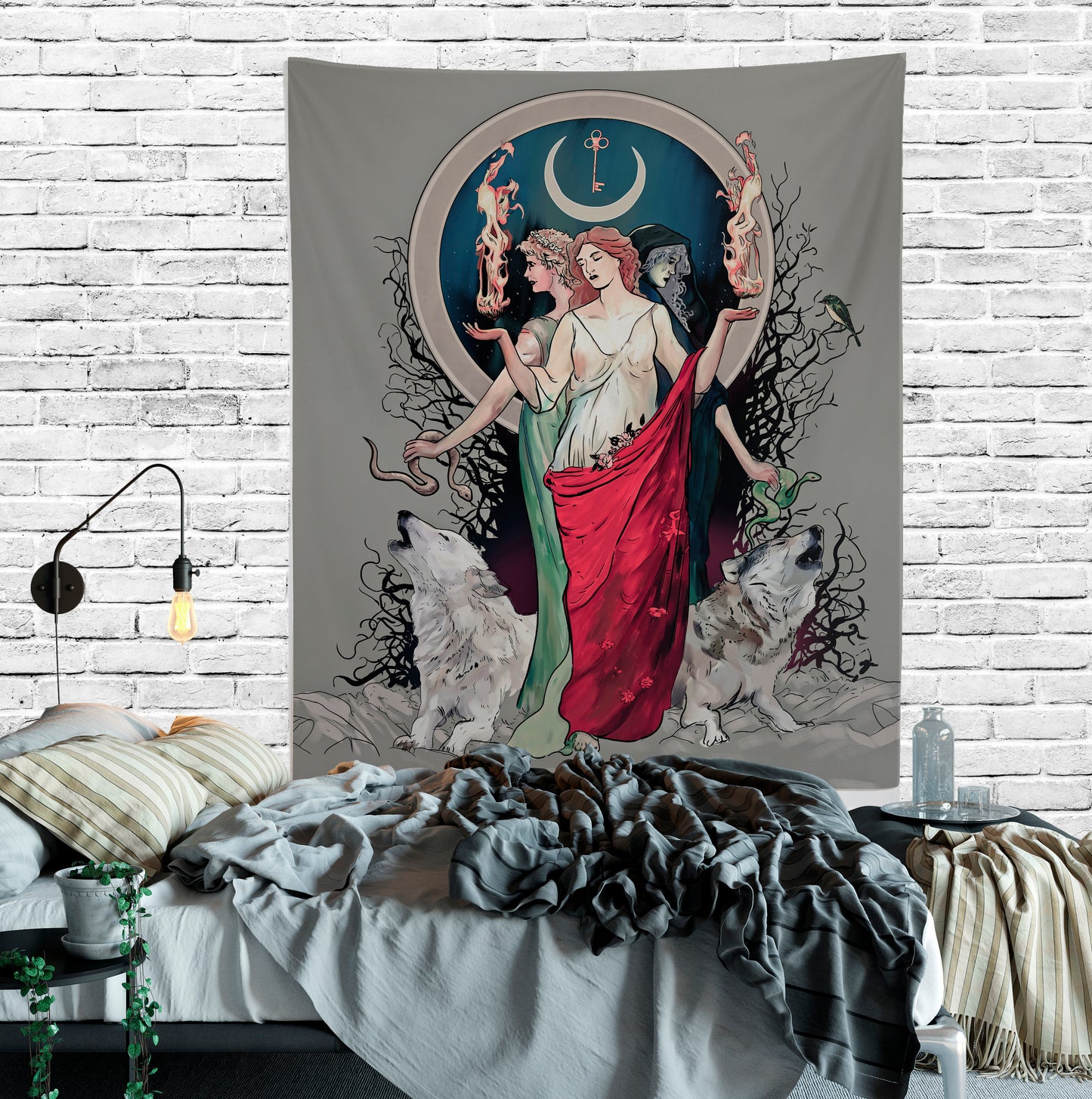 Hecate Tapestry: Moon Goddess, Wolves, Gothic Witchy Art by DesignBohemian