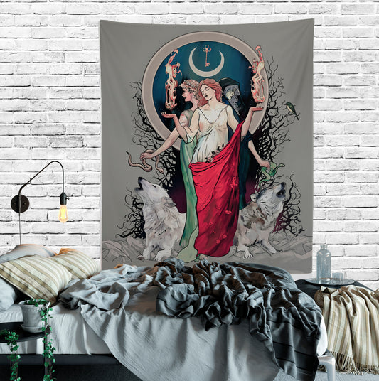 Hecate Tapestry: Moon Goddess, Wolves, Gothic Witchy Art by DesignBohemian