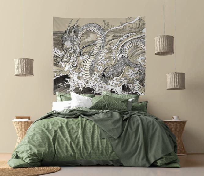 Dragon Japanese Ukiyo-e Utagawa Kuniyoshi Tan and White Tapestry