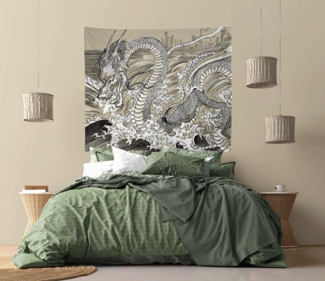 Dragon Japanese Ukiyo-e Utagawa Kuniyoshi Tan and White Tapestry