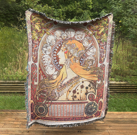 Art Nouveau Zodiac Woven Blanket: Mucha Style Bohemian Tapestry by DesignBohemian