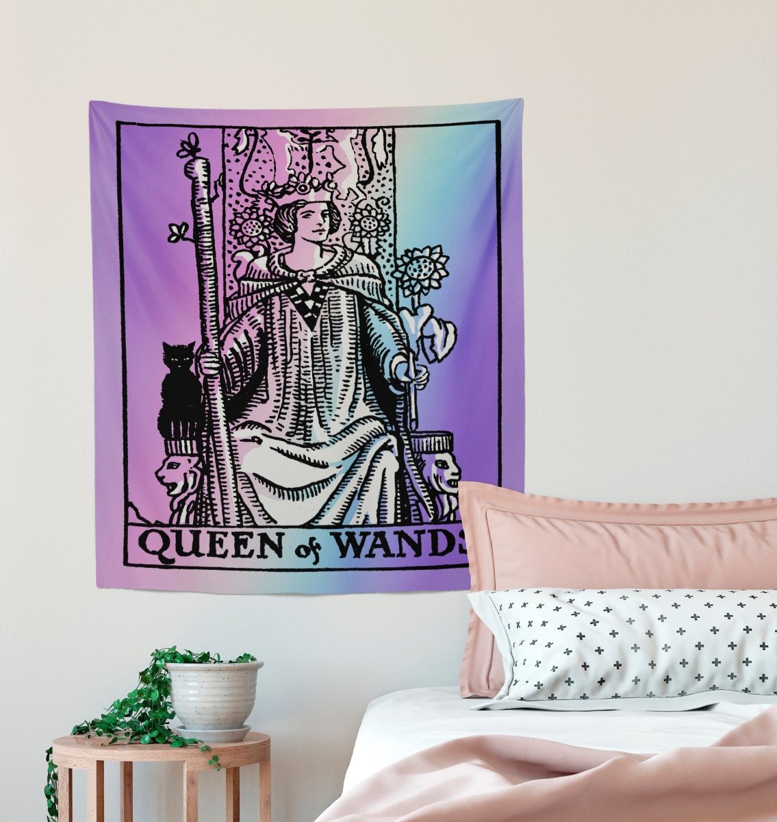 Queen of Wands Tarot Tapestry - Rider Waite, Pastel Goth Decor