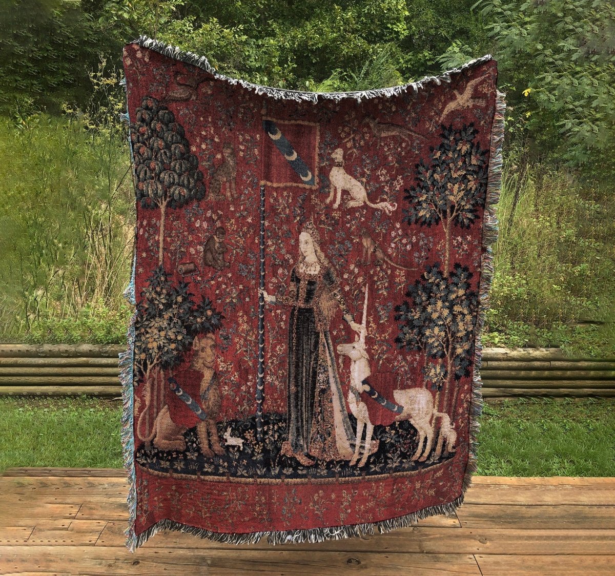 Woven Cotton Tapestry/Throw Blanket - Lady With Unicorn Touch Blanket