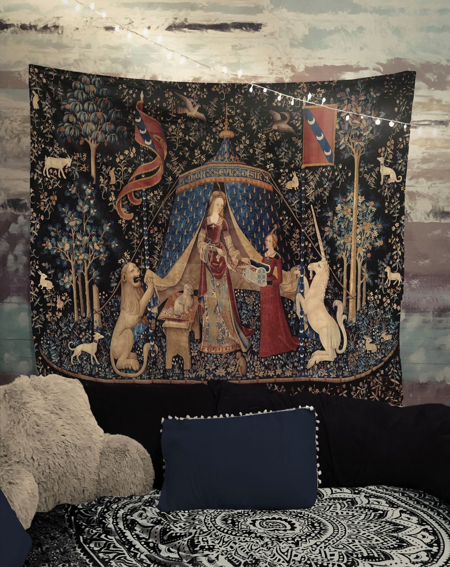 Lady With Unicorn Tapestry - New Version - Maroon and Black - Unicorn Art - Original by Raphael by DesignBohemian