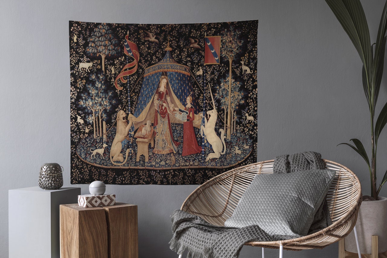 Lady With Unicorn Tapestry - New Version - Maroon and Black - Unicorn Art - Original by Raphael by DesignBohemian