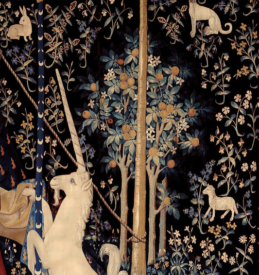 Lady With Unicorn Tapestry - New Version - Maroon and Black - Unicorn Art - Original by Raphael by DesignBohemian