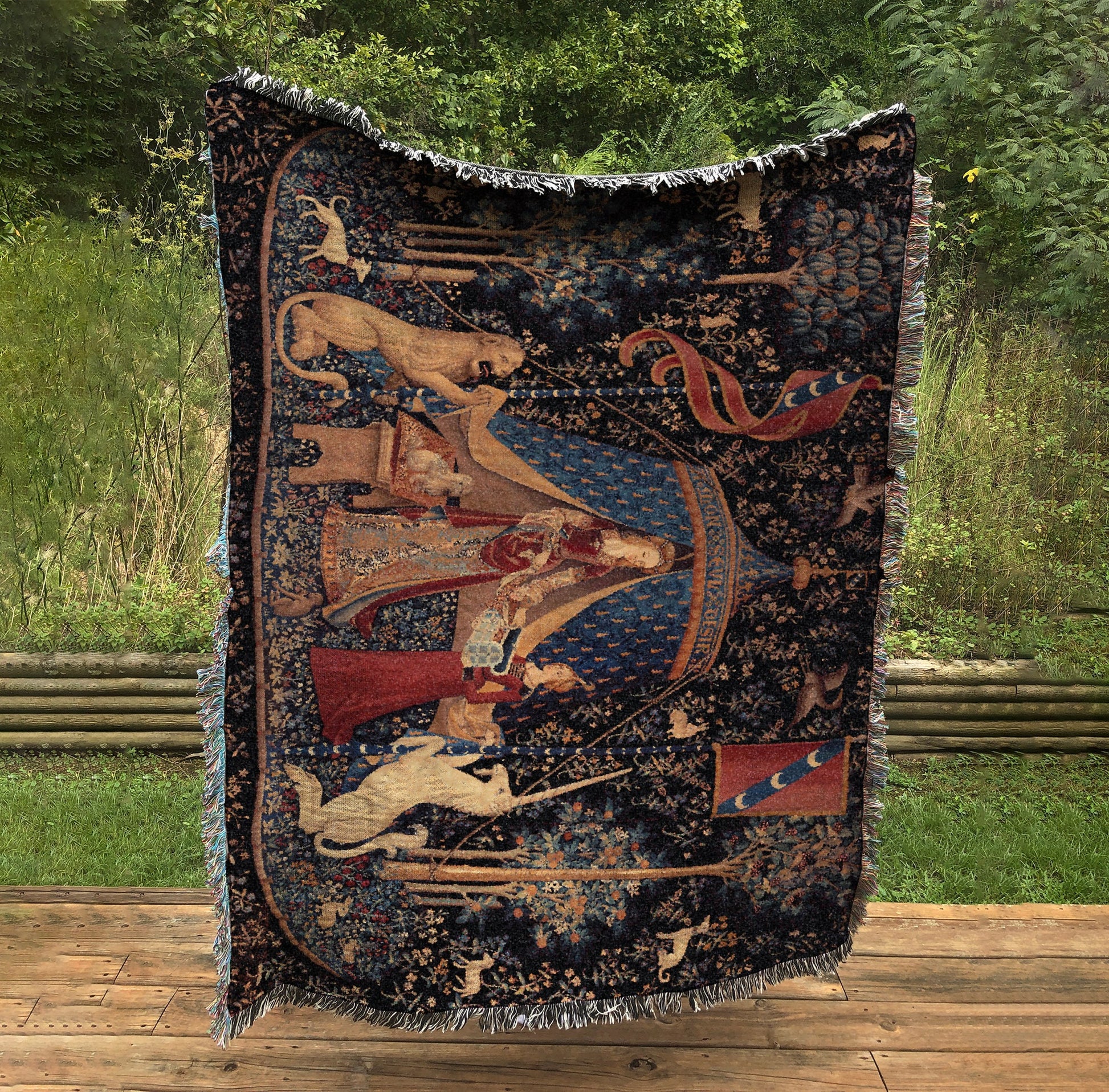 Lady and Unicorn Woven Blanket: Medieval Tapestry, USA Made Cotton by DesignBohemian