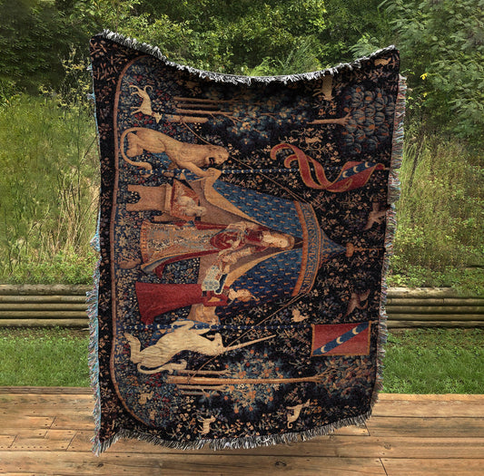 Lady and Unicorn Woven Blanket: Medieval Tapestry, USA Made Cotton by DesignBohemian
