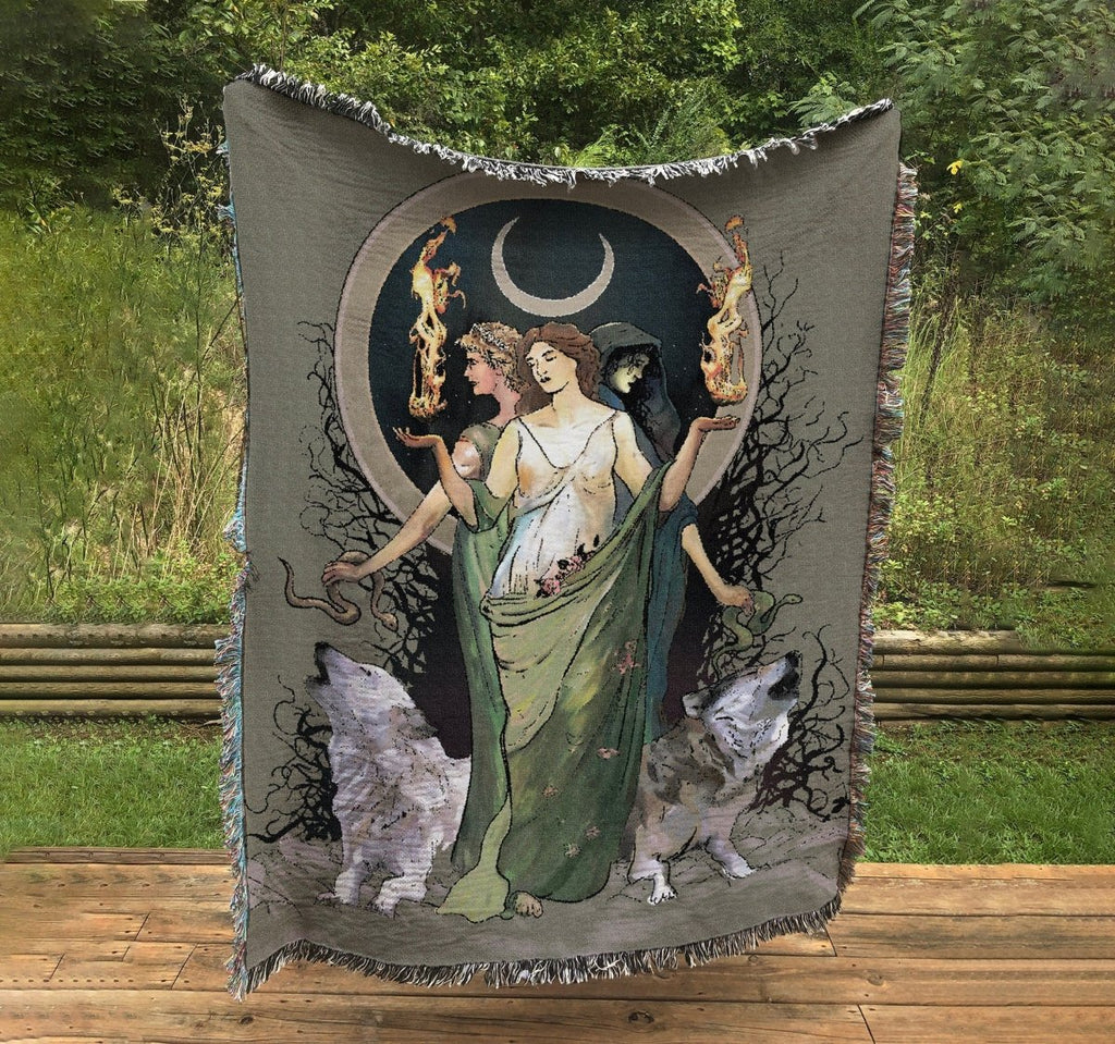 Moon Goddess Hecate Woven Blanket - Witchy Wiccan Tapestry
