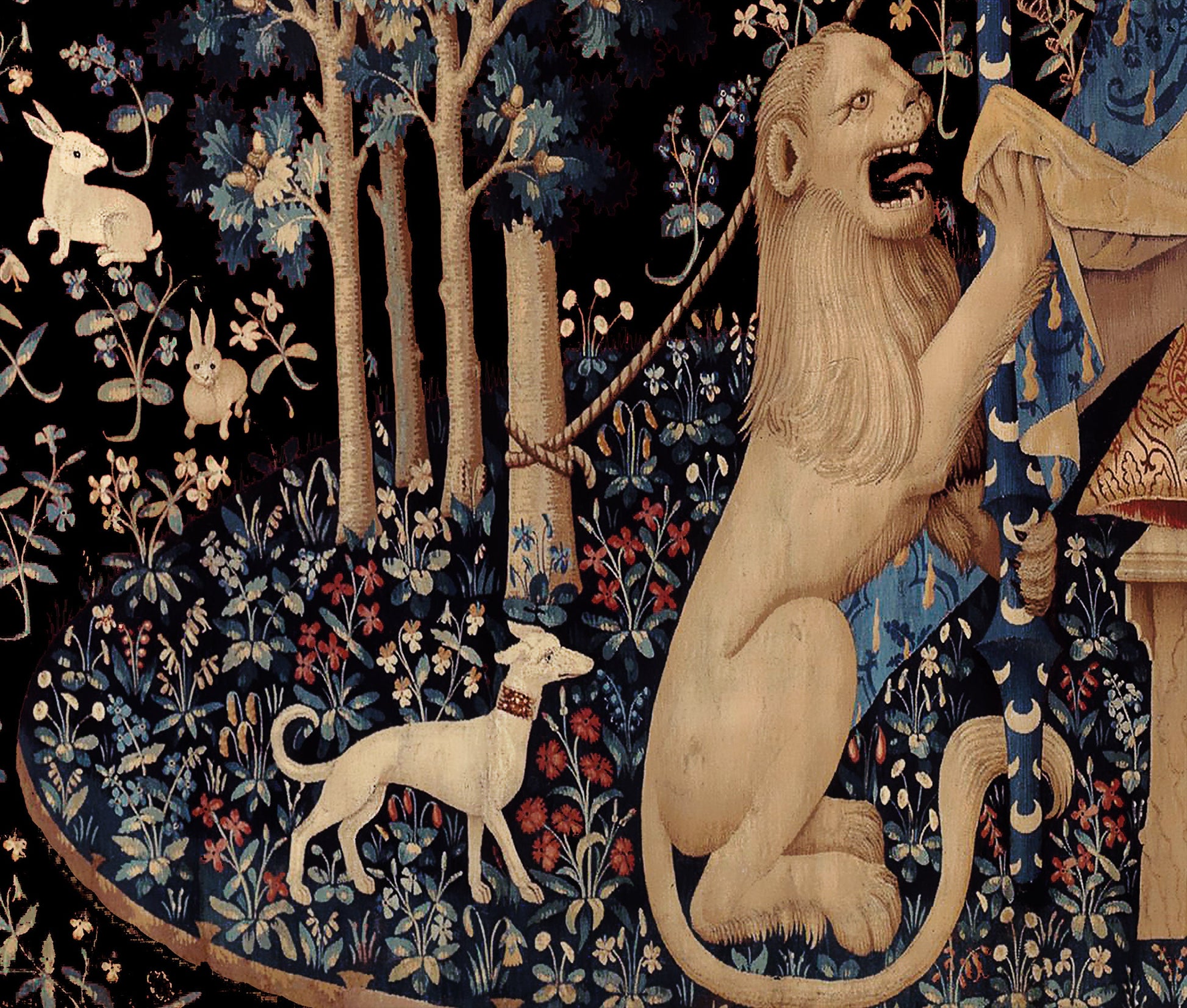 Lady With Unicorn Tapestry - New Version - Maroon and Black - Unicorn Art - Original by Raphael by DesignBohemian