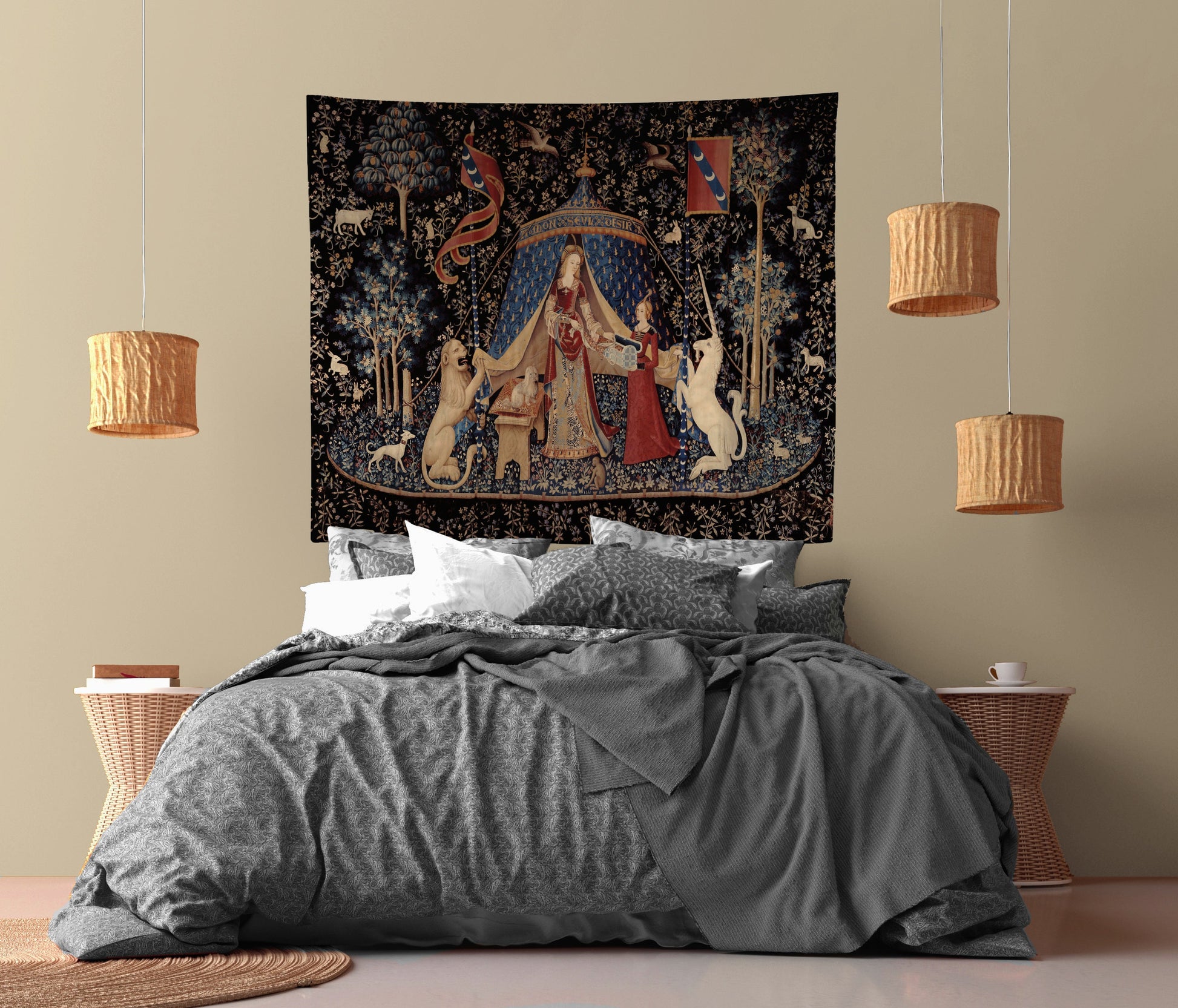 Lady With Unicorn Tapestry - New Version - Maroon and Black - Unicorn Art - Original by Raphael by DesignBohemian