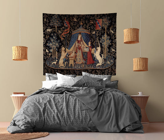 Lady With Unicorn Tapestry - New Version - Maroon and Black - Unicorn Art - Original by Raphael by DesignBohemian