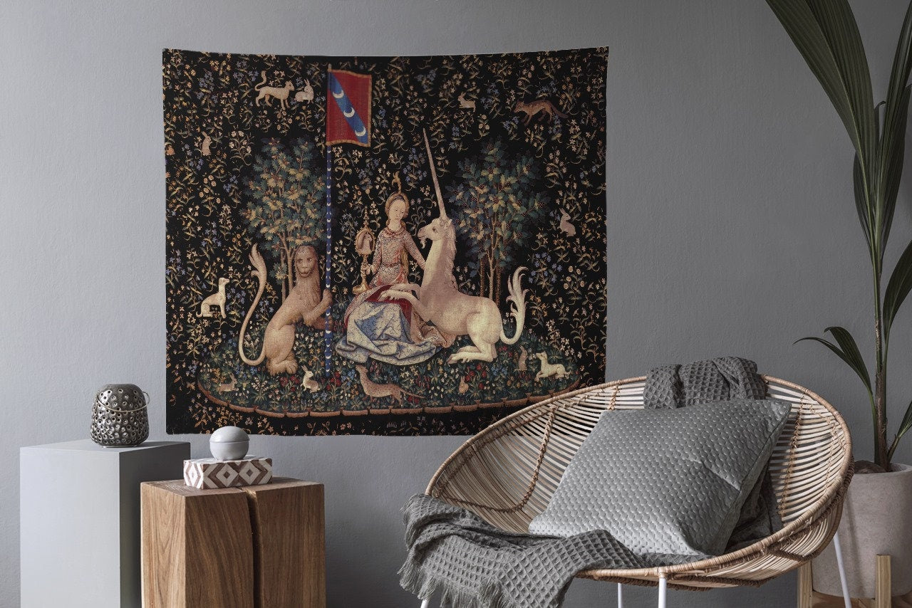 Lady With Unicorn Tapestry - Sight - Maroon and Black - Unicorn Art - Original by Raphael by DesignBohemian