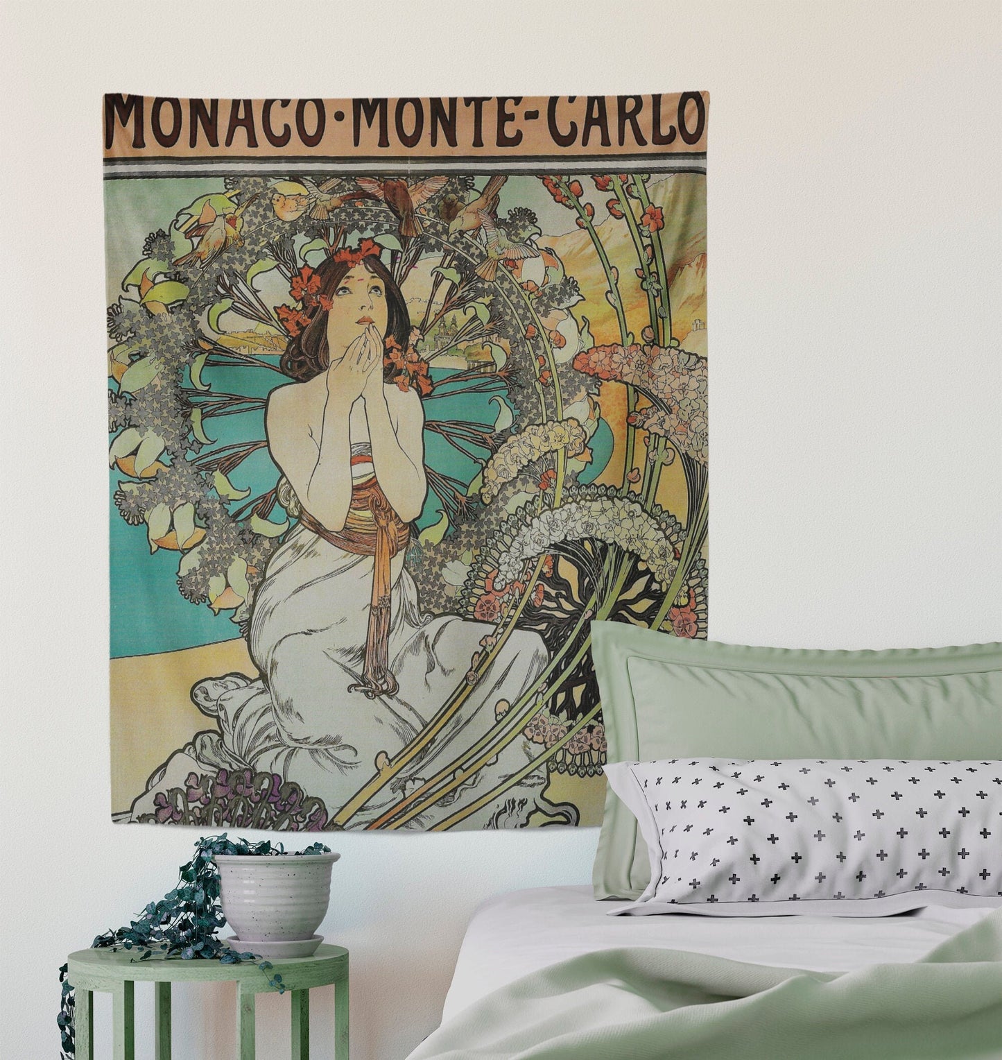 Art Nouveau - Green Tapestry Bohemian Wall Hanging Large Artwork Hippie Lady Mucha by DesignBohemian