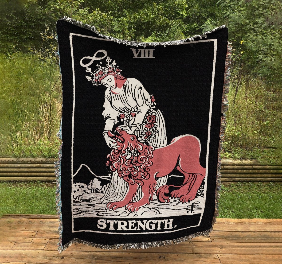 Woven Blanket - Strength Tarot Card - Rider Waite Deck 3 Color Black Card - Cotton