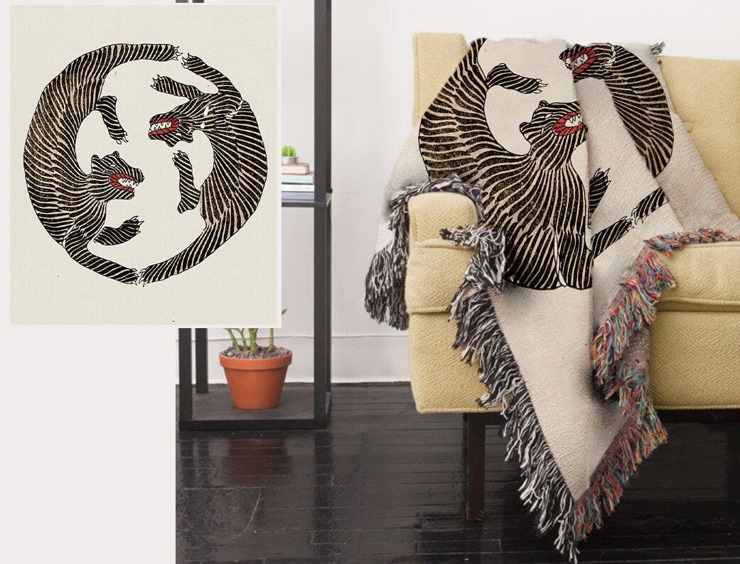 Two Tigers Woven Cotton Blanket - 50x60 inch Tapestry