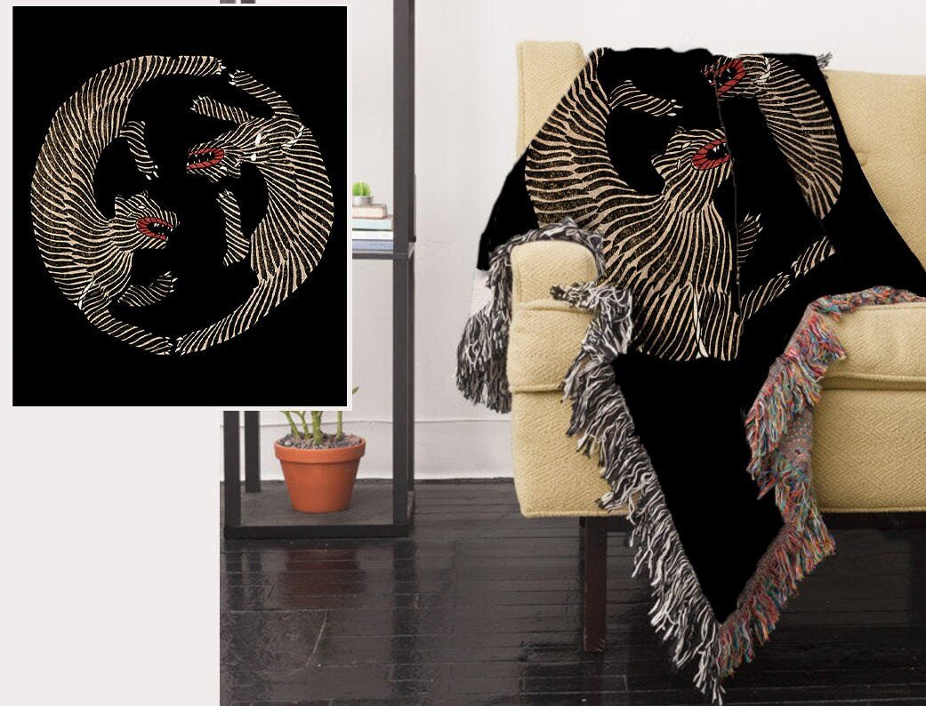 Two Tigers Black Cotton Woven Blanket – 50x60 inches