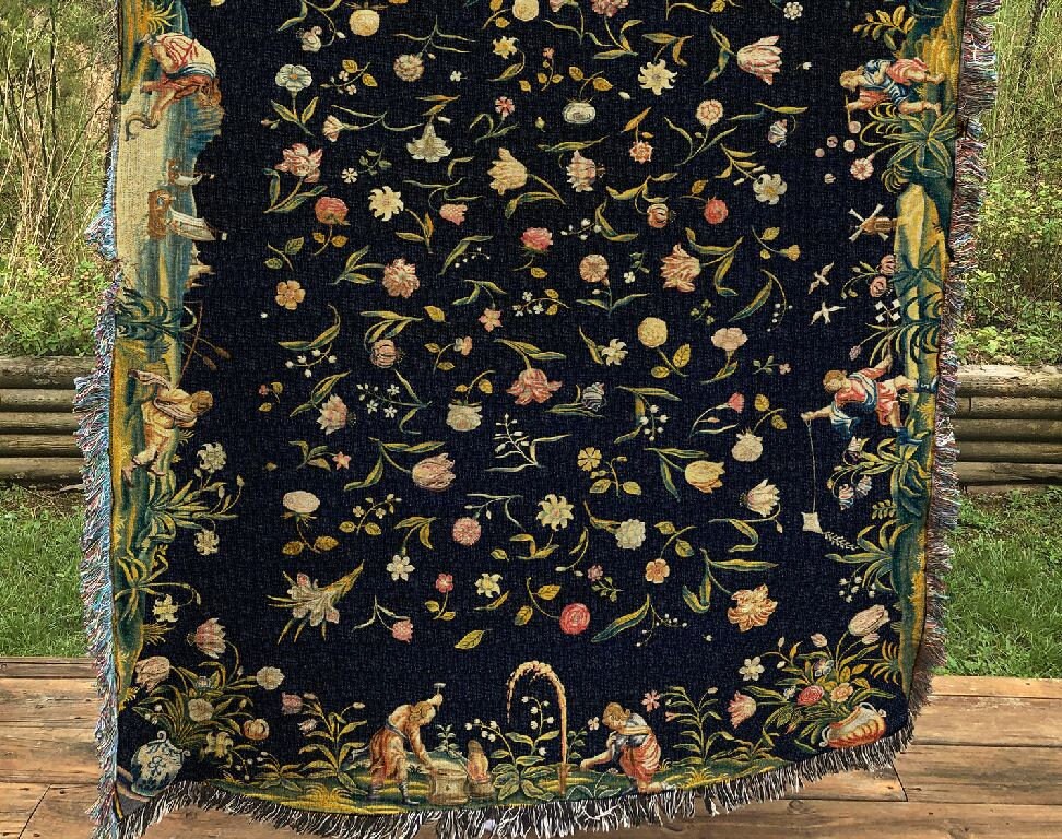 Fairies Tapestry: Four Elements Floral Cotton Blanket by DesignBohemian