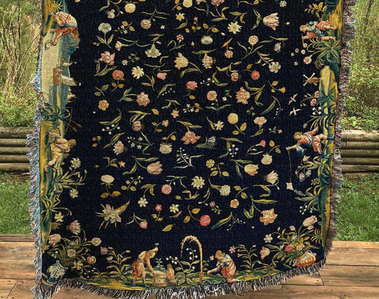 Fairies Tapestry: Four Elements Floral Cotton Blanket by DesignBohemian