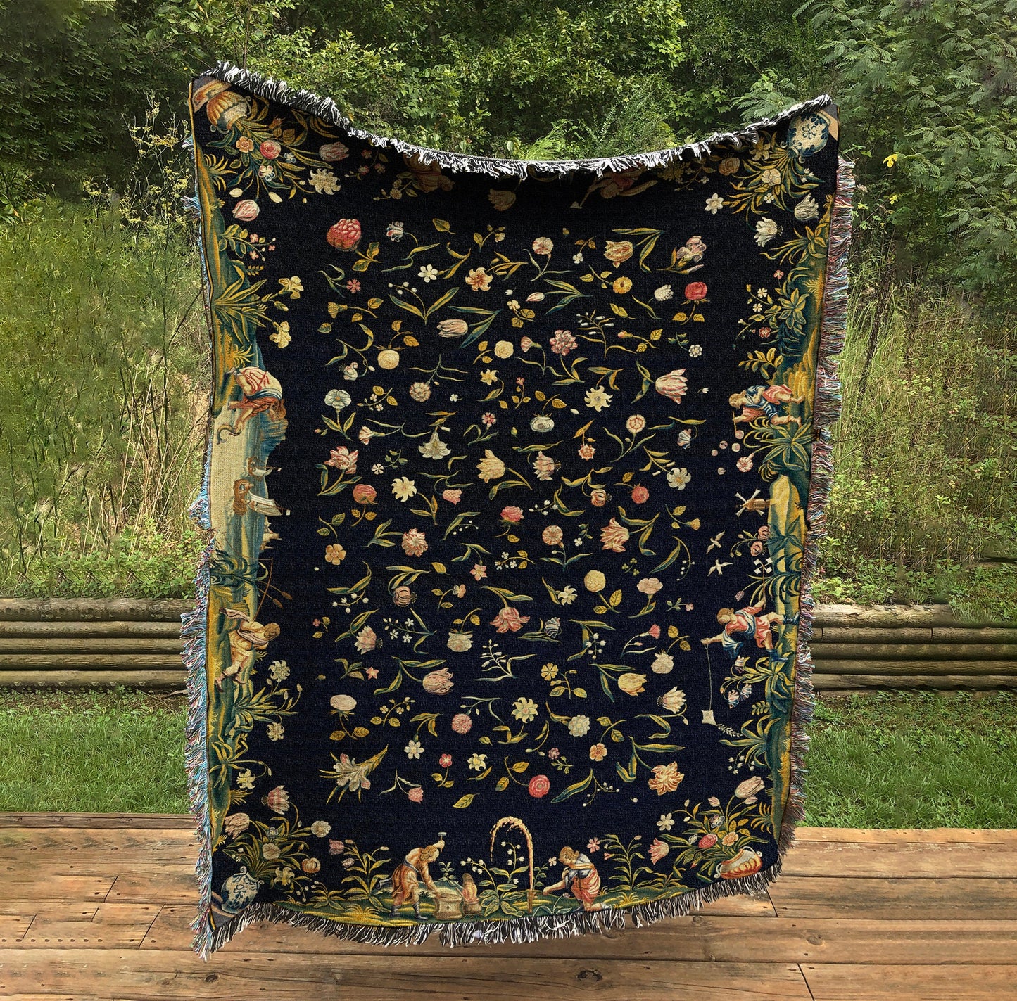 Fairies Tapestry: Four Elements Floral Cotton Blanket by DesignBohemian