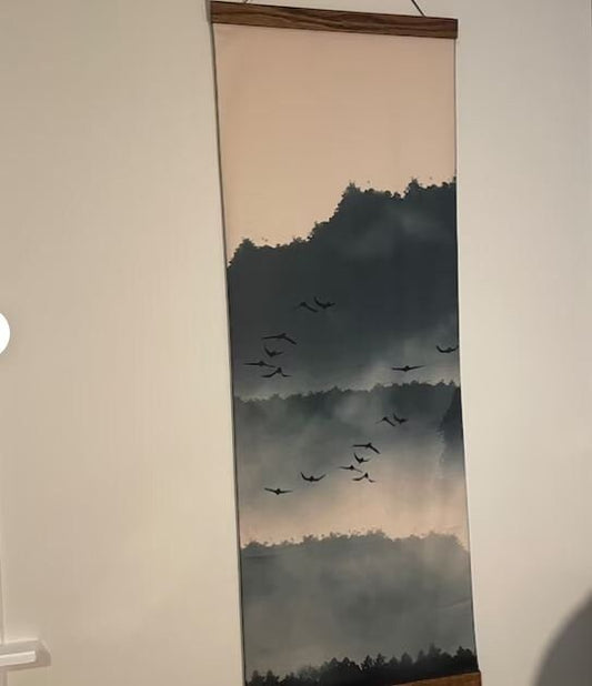 Japanese Mountains Long Wall Tapestry Green Cotton by DesignBohemian