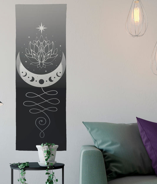 Unalome Moon Phases Tapestry: Gothic Meditation Wall Hanging (48x17) by DesignBohemian