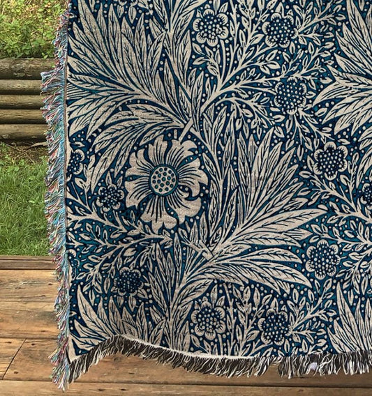 William Morris Indigo Woven Tapestry: Bohemian Cotton Throw Blanket by DesignBohemian