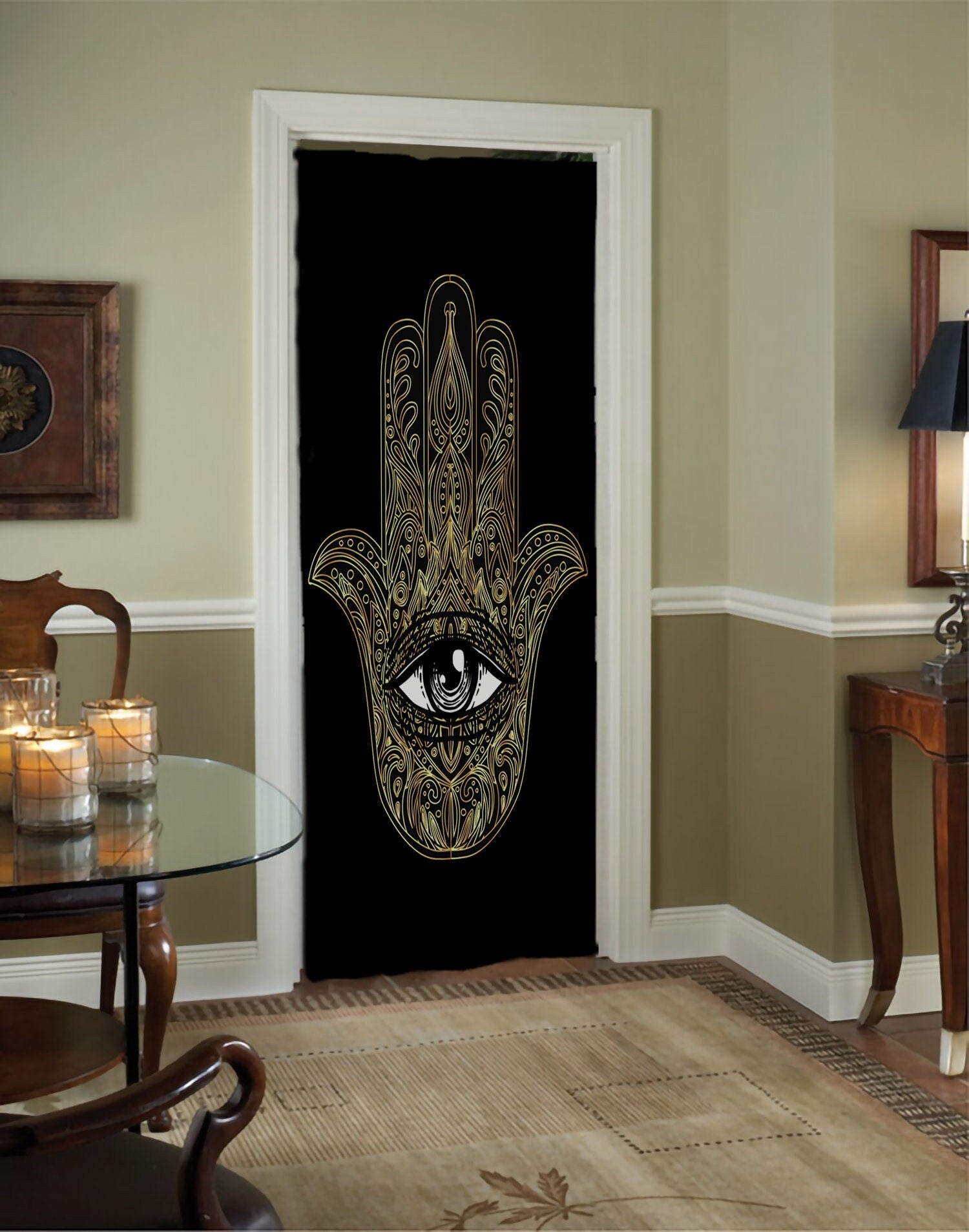 All Seeing Eye Curtain: Gold Hamsa, Bohemian Door Panel by DesignBohemian