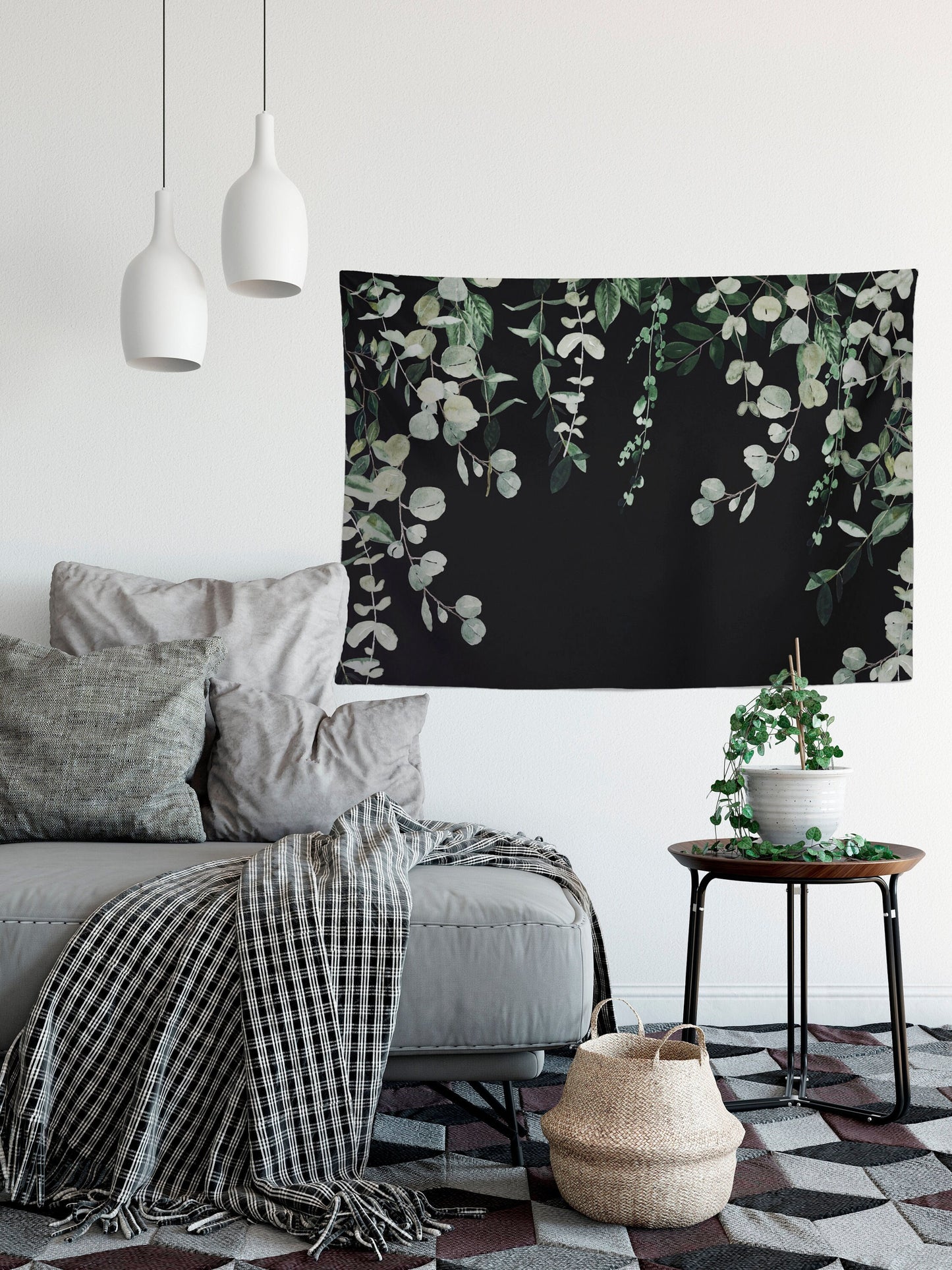 Green Plants - Eucalyptus Tapestry- Black Background Bohemian Tapestry Wall Hanging Meditation Yoga Grunge Hippie by DesignBohemian