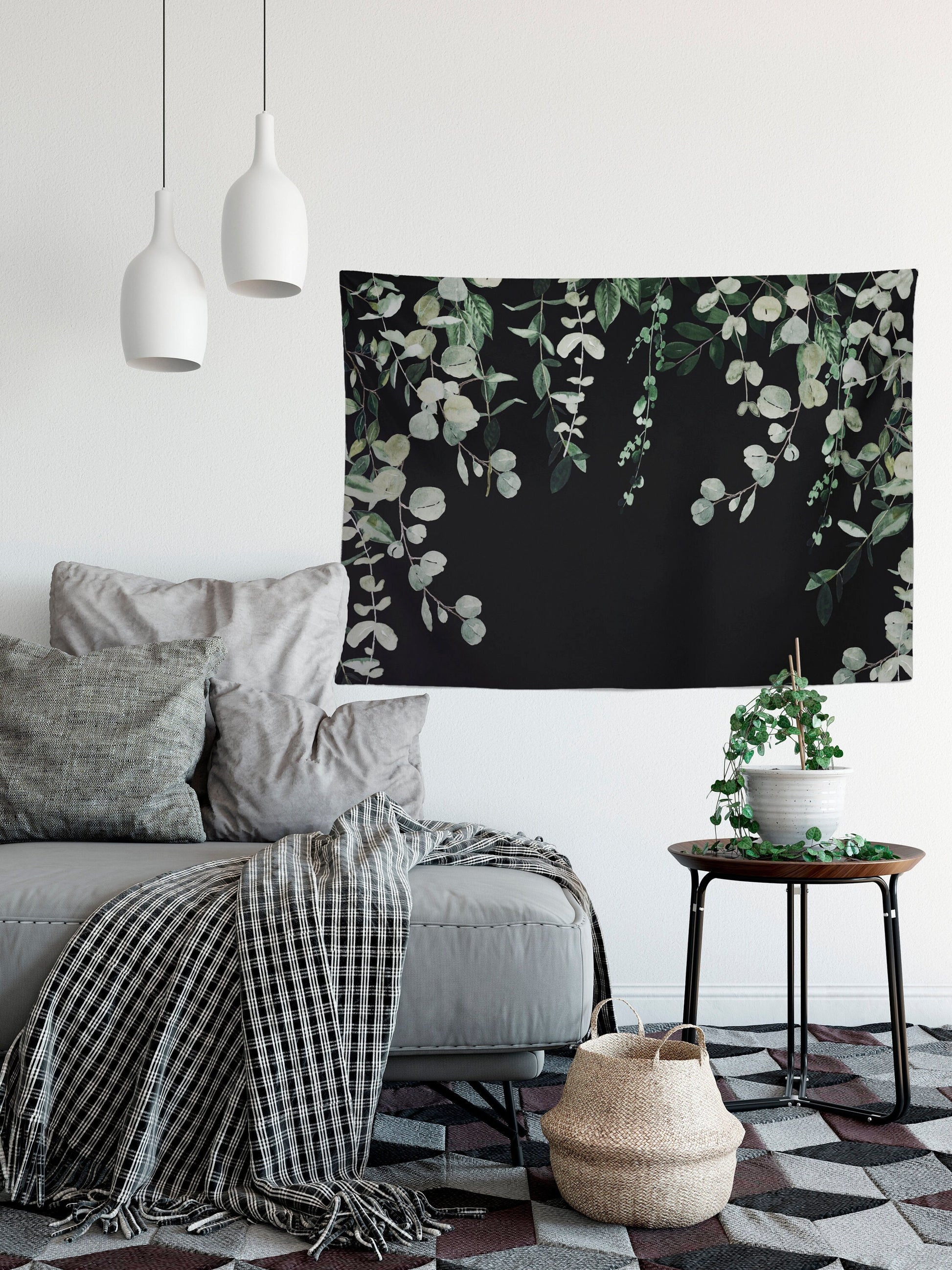 Green Plants - Eucalyptus Tapestry- Black Background Bohemian Tapestry Wall Hanging Meditation Yoga Grunge Hippie by DesignBohemian
