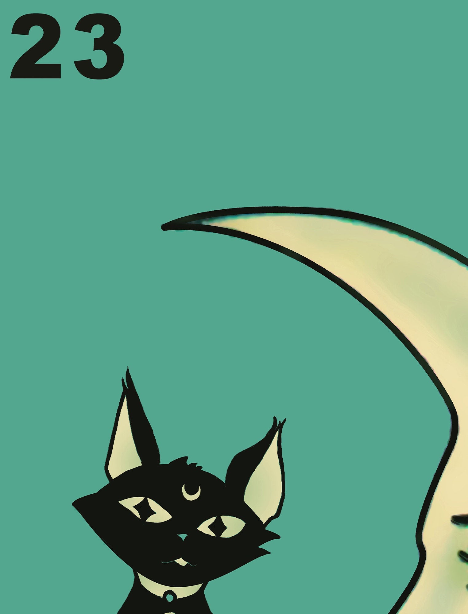 La Luna Cartoon Cat Card Moon Print, No Frame