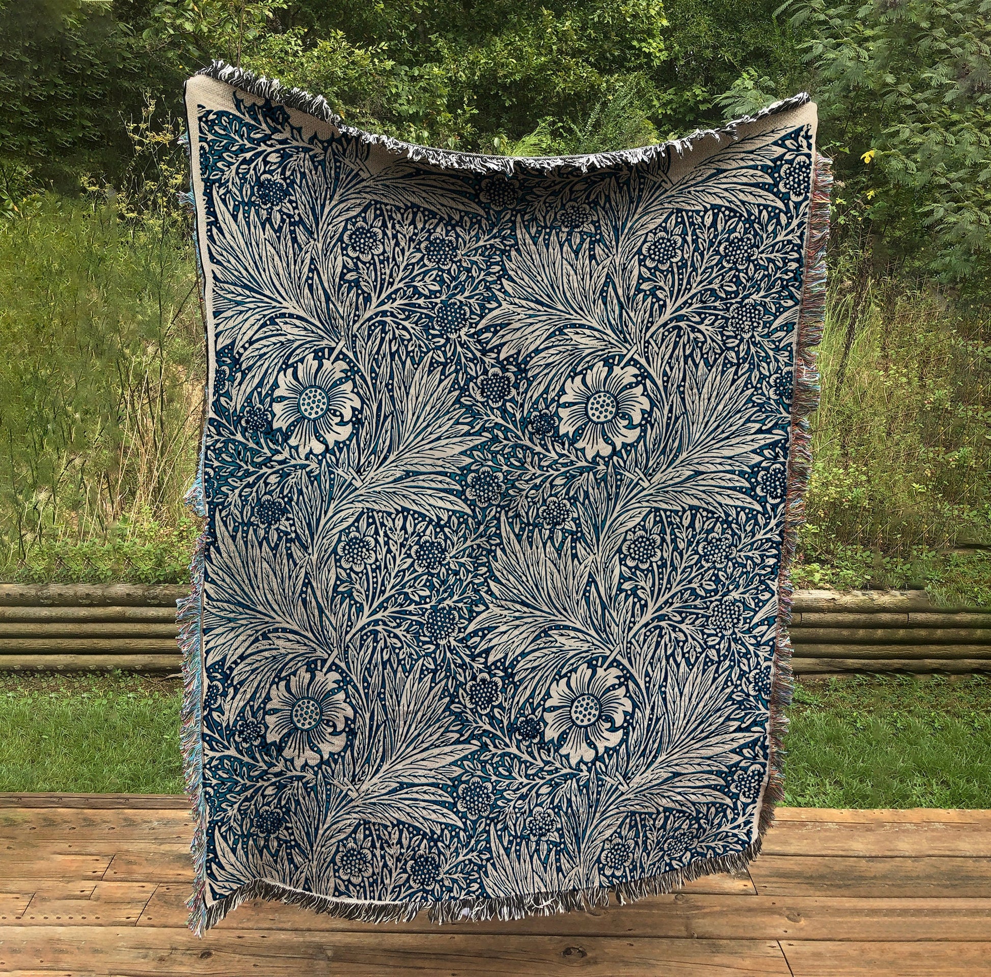 William Morris Indigo Woven Tapestry: Bohemian Cotton Throw Blanket by DesignBohemian