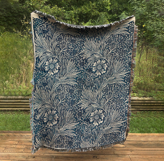 William Morris Indigo Woven Tapestry: Bohemian Cotton Throw Blanket by DesignBohemian