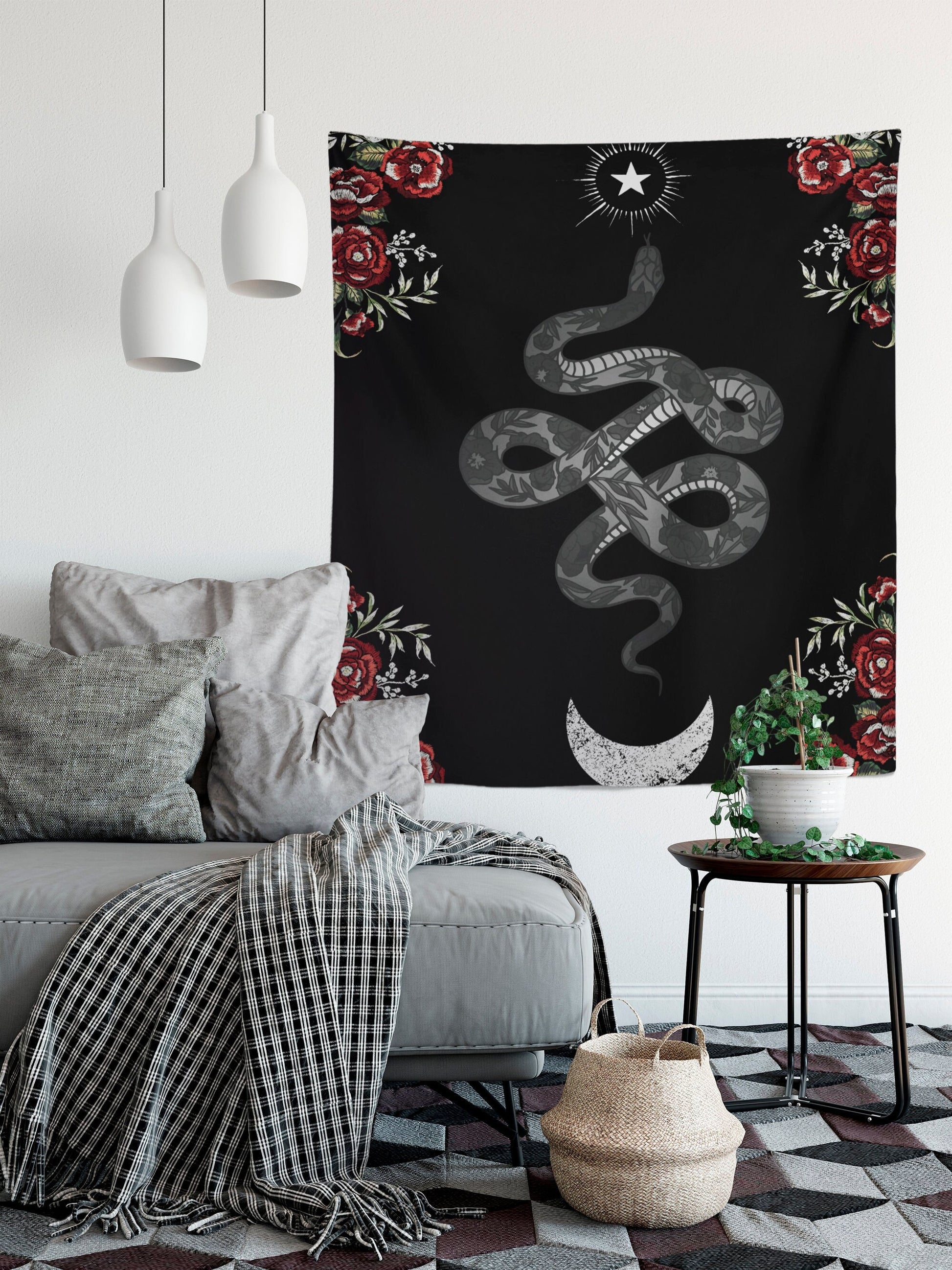 Snake and Moon Tapestry: Red Roses, Meditation Yoga Wall Hanging by DesignBohemian