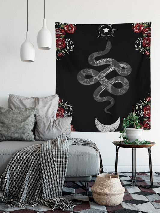 Snake and Moon Tapestry: Red Roses, Meditation Yoga Wall Hanging by DesignBohemian