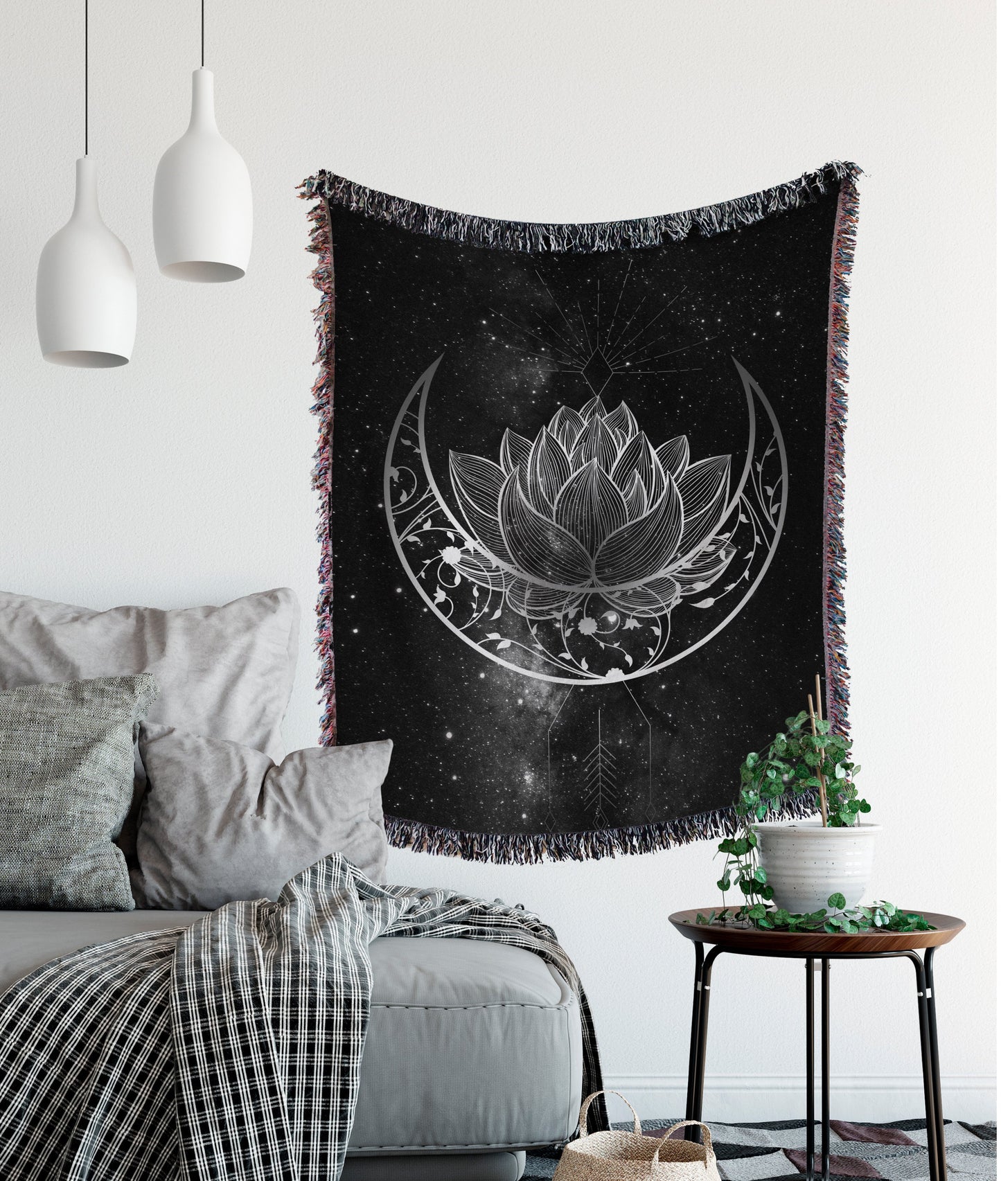 Jacquard Woven - Lotus and MOON Woven - Black and Gray - Woven Tapestry - Blanket -Cotton Meditation Yoga Grunge Hippie by DesignBohemian