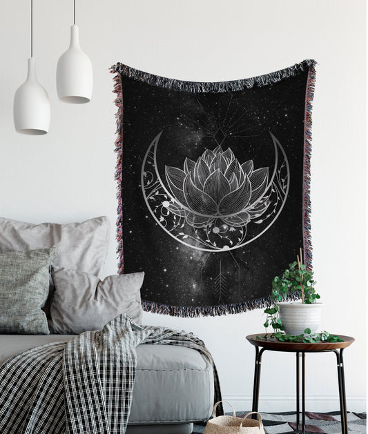 Jacquard Woven - Lotus and MOON Woven - Black and Gray - Woven Tapestry - Blanket -Cotton Meditation Yoga Grunge Hippie by DesignBohemian