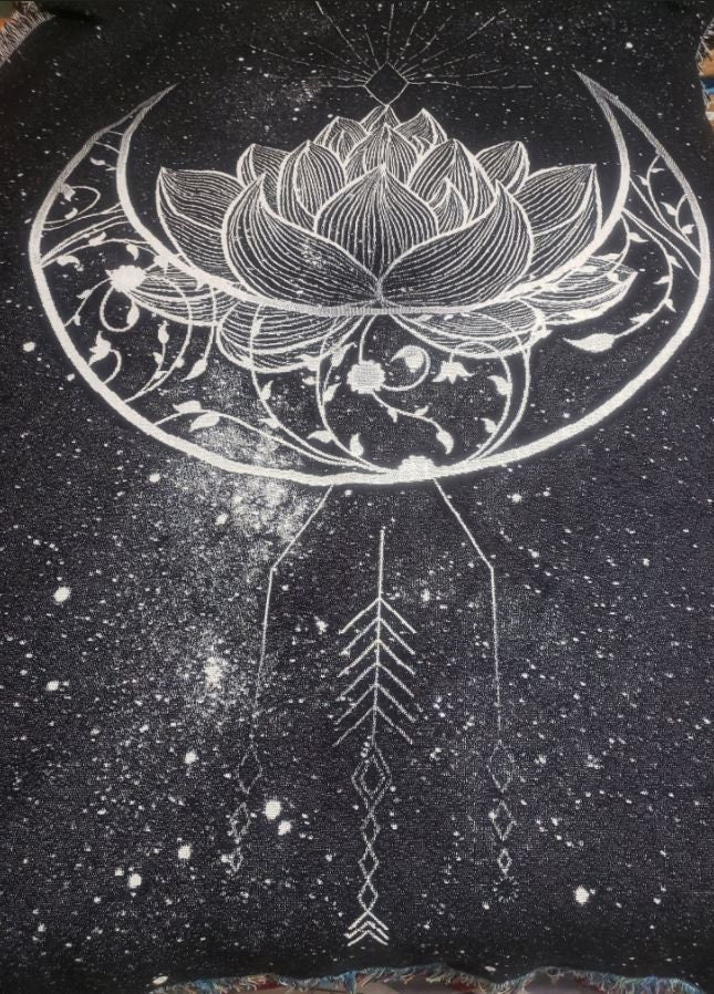 Jacquard Woven - Lotus and MOON Woven - Black and Gray - Woven Tapestry - Blanket -Cotton Meditation Yoga Grunge Hippie by DesignBohemian