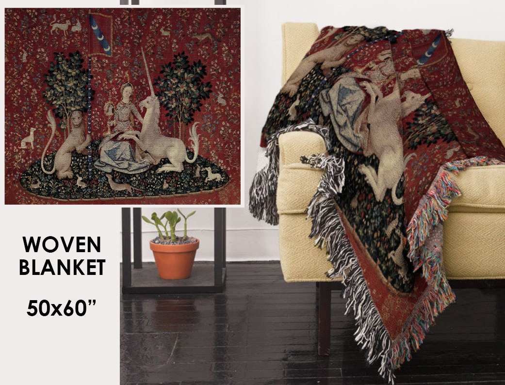Lady and Unicorn Woven Cotton Throw Blanket – Medieval Tapestry