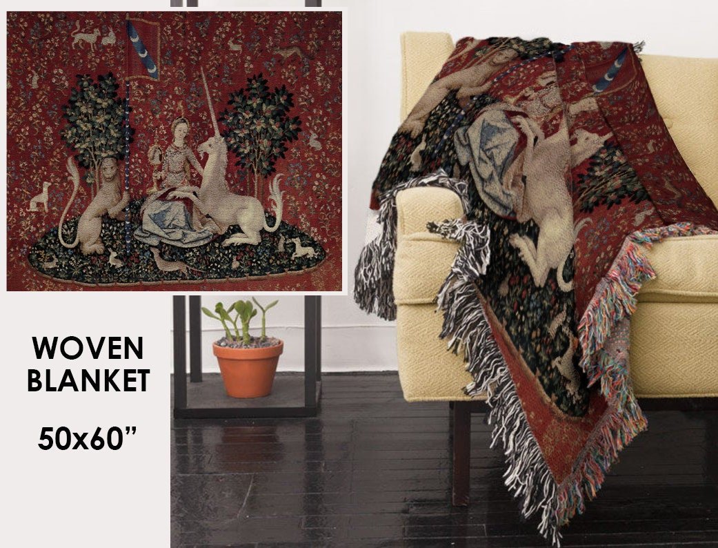 Lady and Unicorn Woven Cotton Throw Blanket – Medieval Tapestry