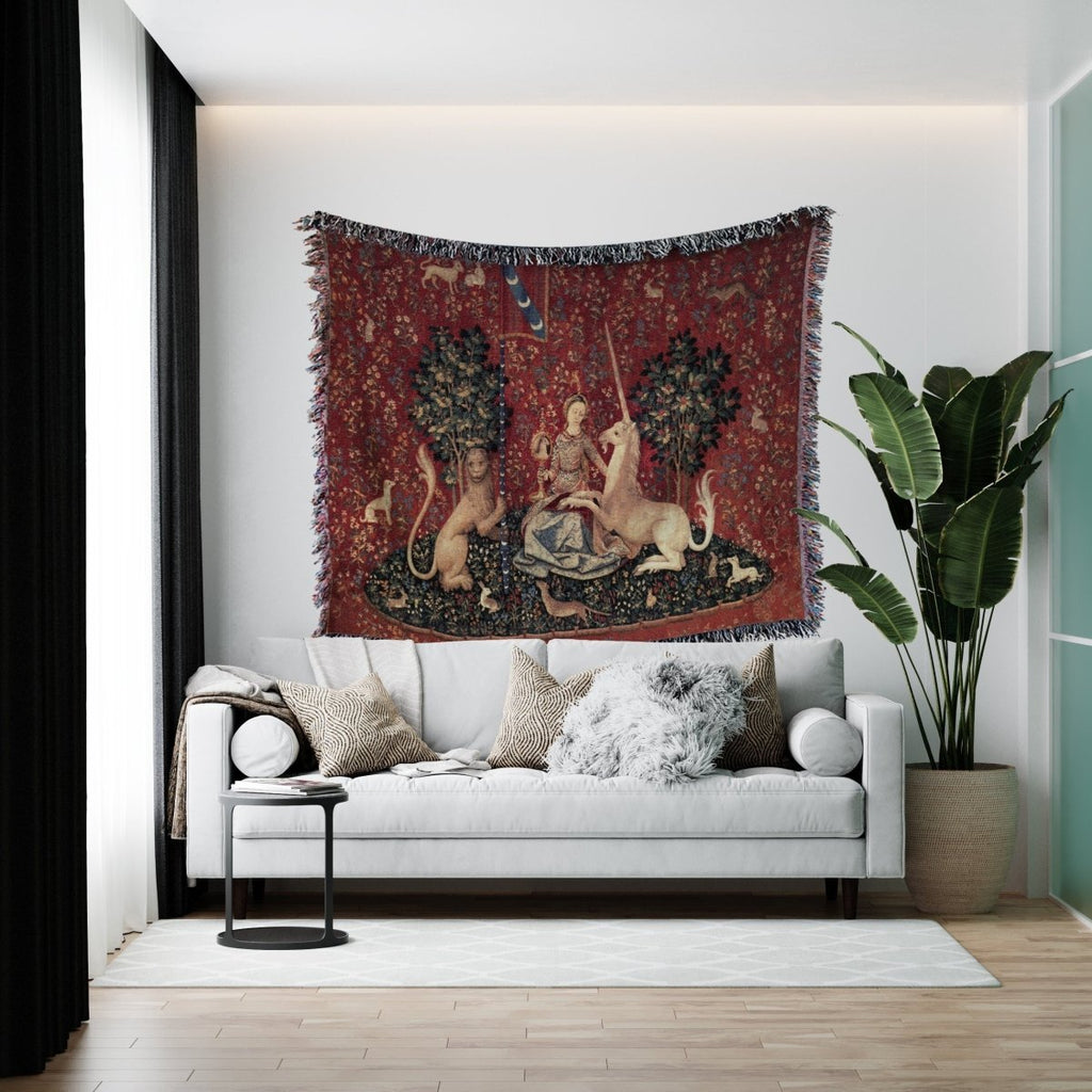 Lady and Unicorn Woven Cotton Throw Blanket – Medieval Tapestry